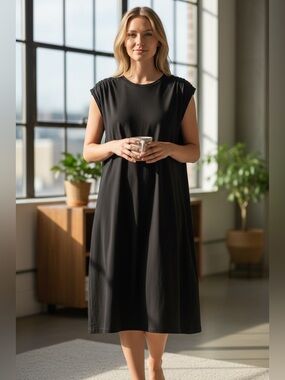Chico's Dress Women 2 (L/12) Black Cap Cinch Slve Stretch A Line Jersey Knee US